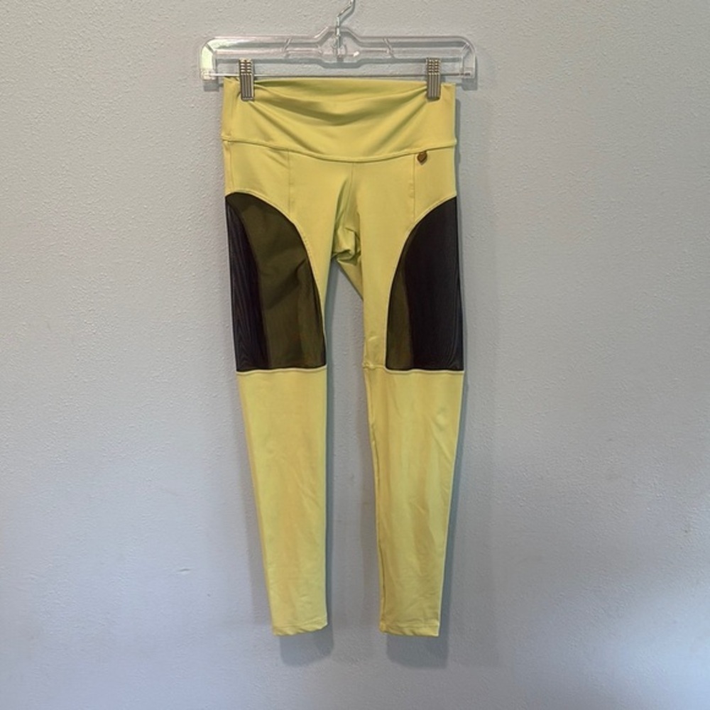 Fit Mama Yellow and Black yoga pants with mesh leggings sz S gym workout cutout